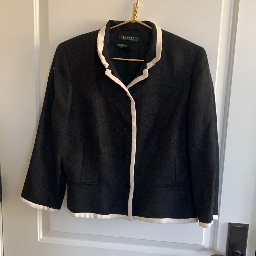 Ralph Lauren black linen blazer with white trim, size 8
